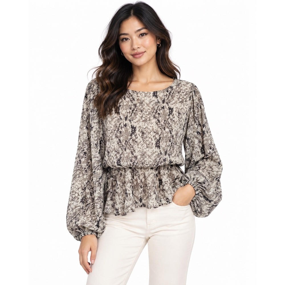 Newbury Kustom Snakeskin Peplum Blouse Womens Large Grey Smocked Balloon Sleeve